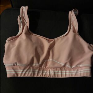 ALO Yoga Pink Sports Bra with White Logo and Stripes